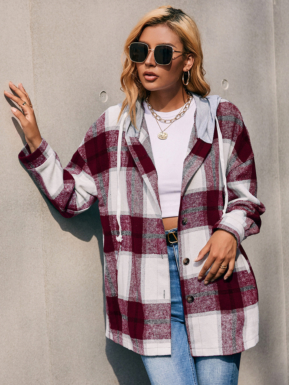 Plaid Dropped Shoulder Hooded Jacket  - Doll Fits