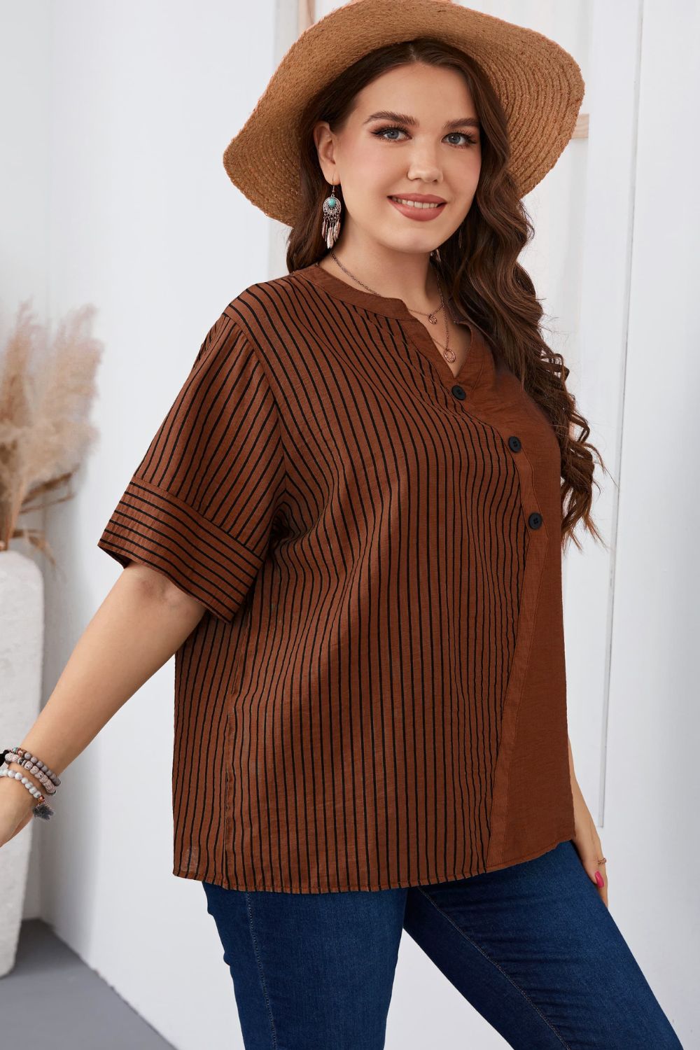 Plus Size Striped Notched Neck Half Sleeve Top  Shirts & Tops- Doll Fits