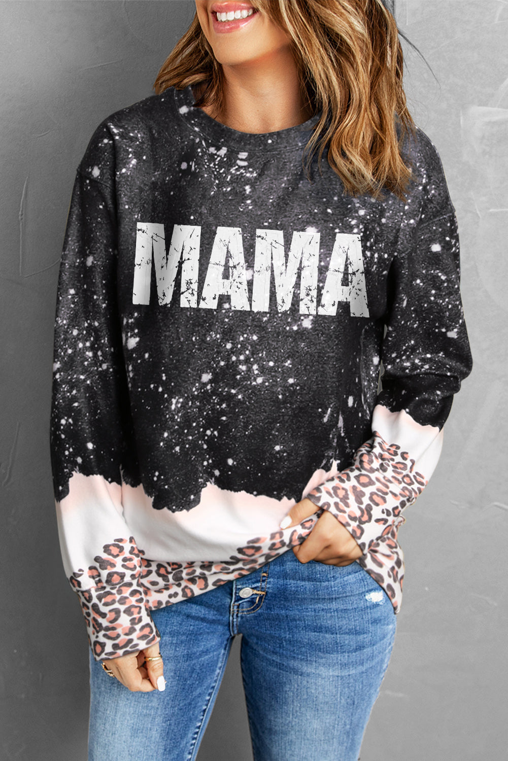 MAMA Leopard Color Block Round Neck Sweatshirt  Shirts & Tops- Doll Fits