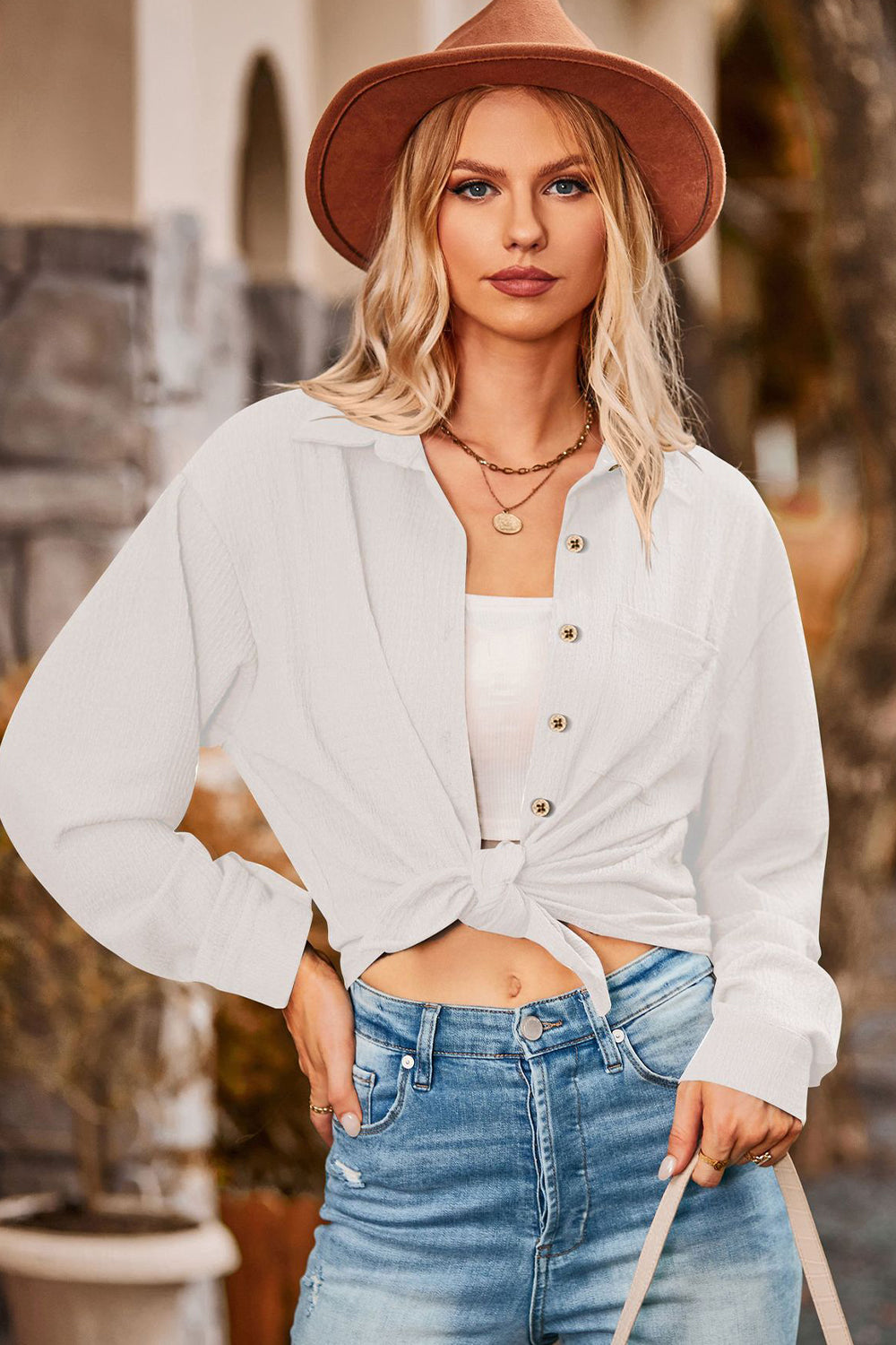 Twisted Collared Neck Long Sleeve Shirt  - Doll Fits
