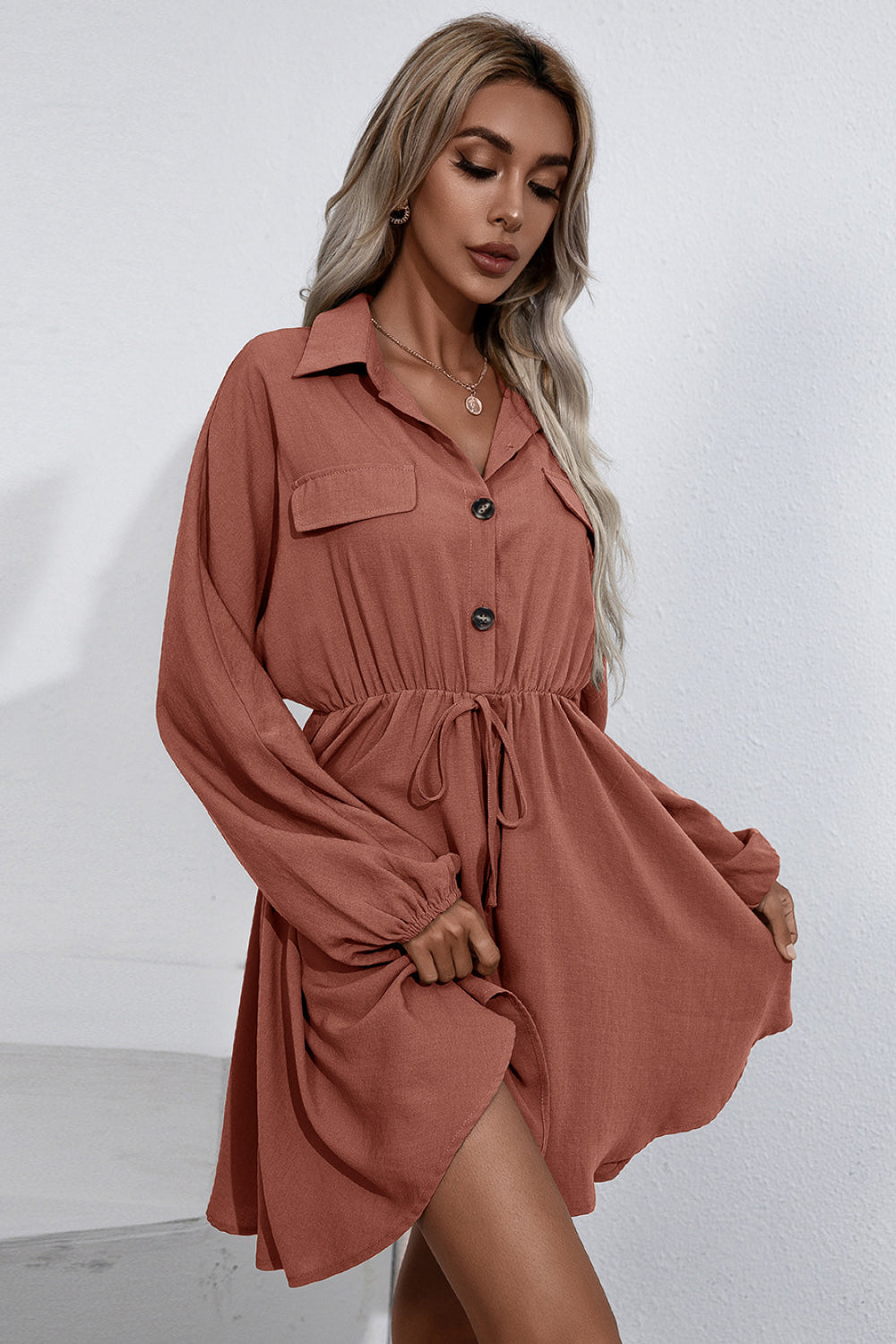 Lainey Tie Waist Button Up Shirt Dress  Dresses- Doll Fits