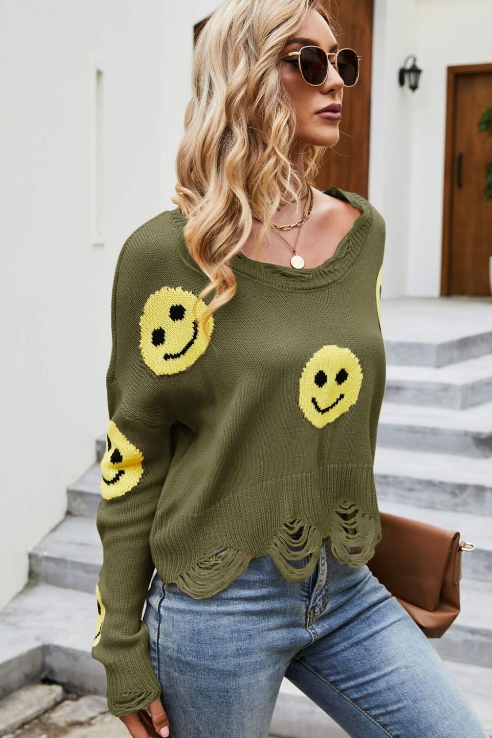 Smiley Face Distressed Round Neck Sweater  Shirts & Tops- Doll Fits
