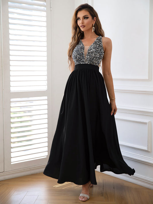 Contrast Sequin Sleeveless Maxi Dress  Dresses- Doll Fits