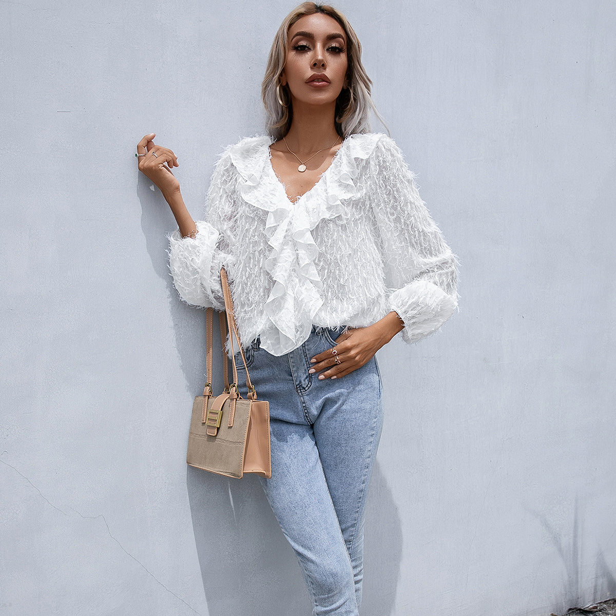 Double Take Ruffle Hem Fringe V-Neck Balloon Sleeve Blouse  - Doll Fits