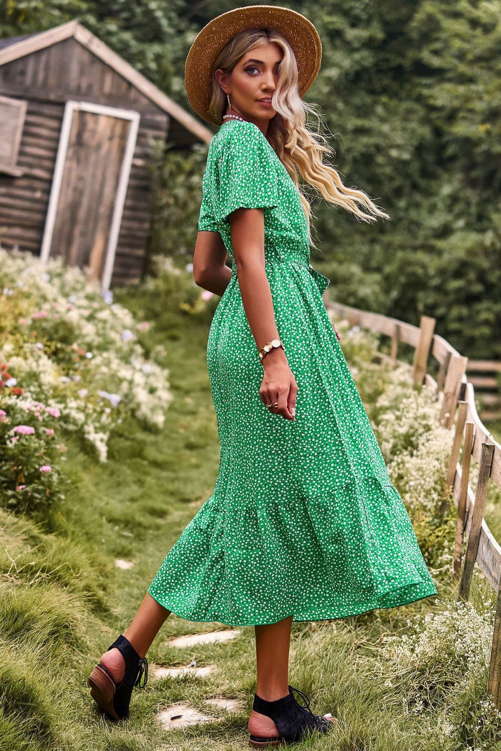 Printed Tie-Waist Short Puff Sleeve Surplice Dress  Dresses- Doll Fits