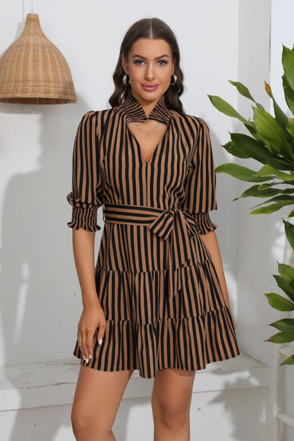 Striped Tie Belt Tiered Dress  Dresses- Doll Fits