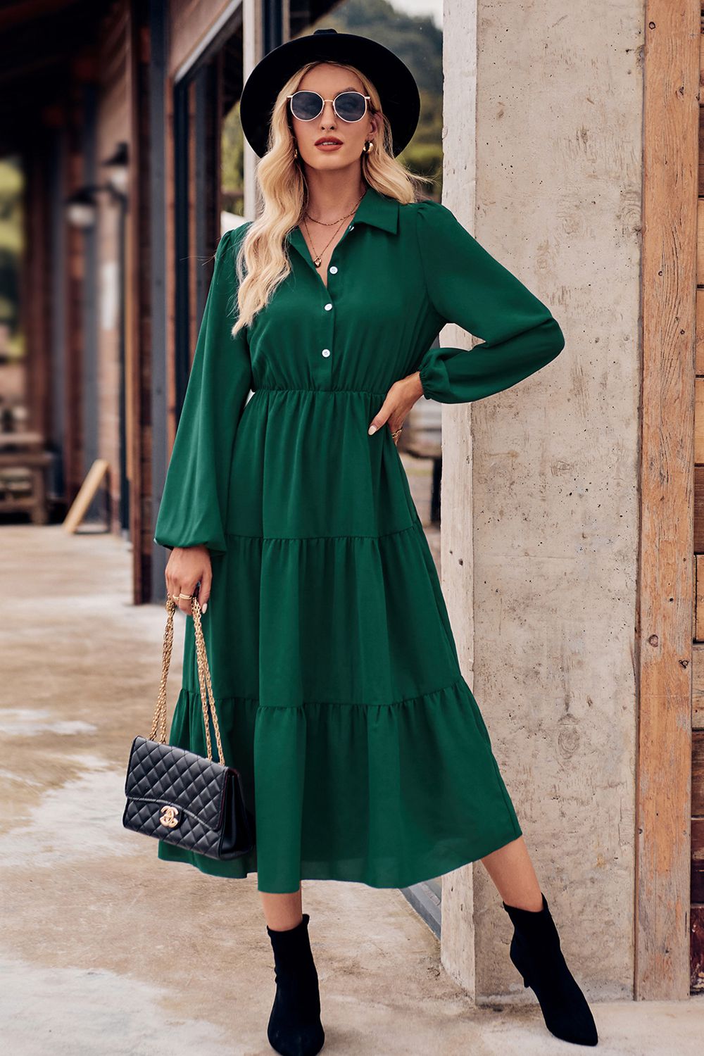 Collared Neck Long Sleeve Midi Dress  Dresses- Doll Fits