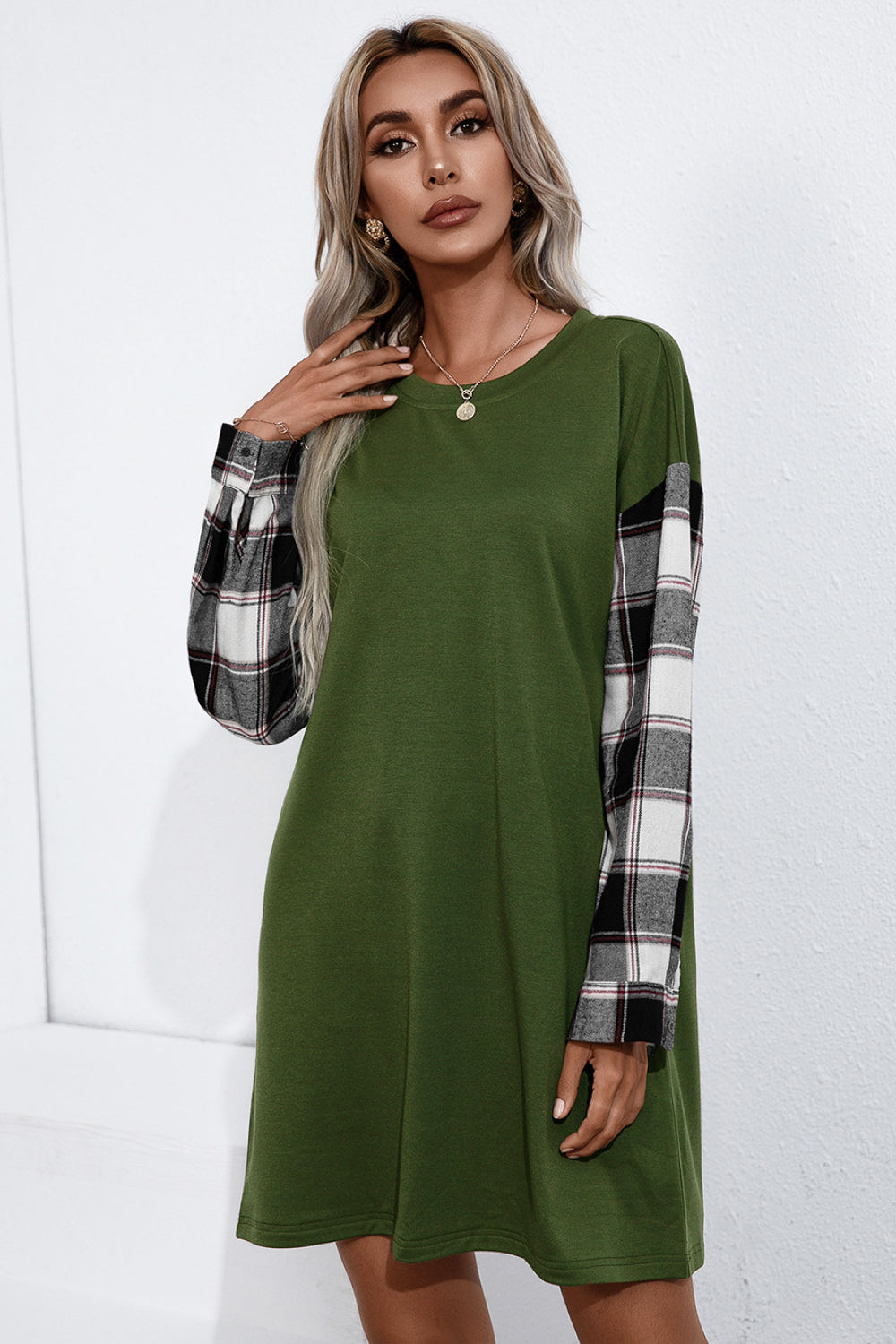 Palmer Plaid Sleeve Contrast T-Shirt Dress  Dresses- Doll Fits