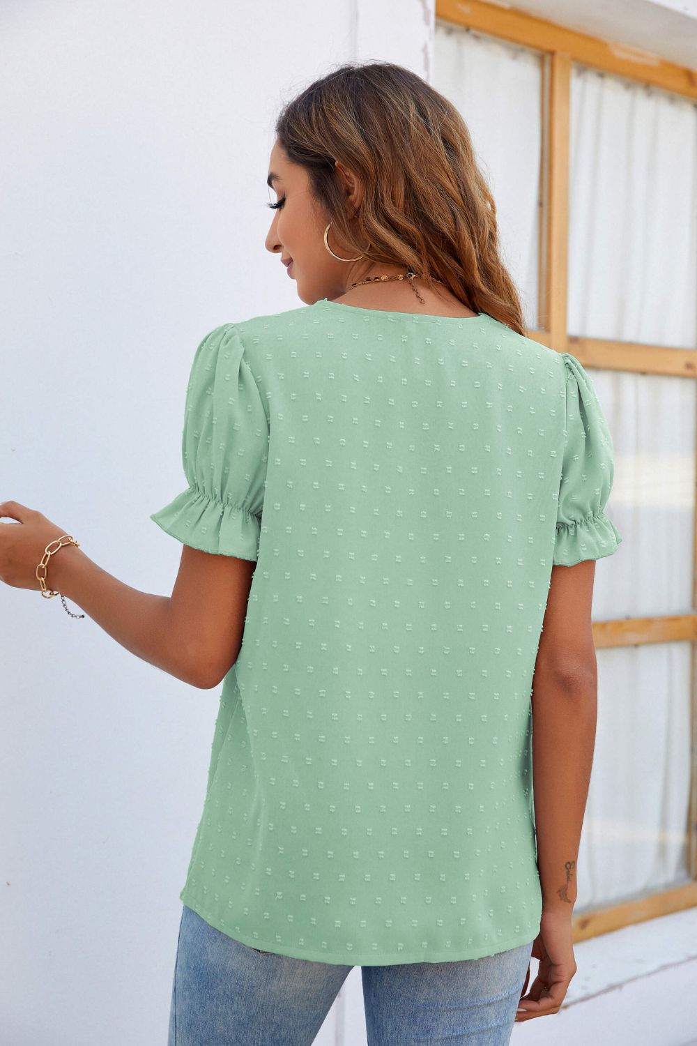 Swiss Dot Lace Trim Flounce Sleeve Blouse  Shirts & Tops- Doll Fits