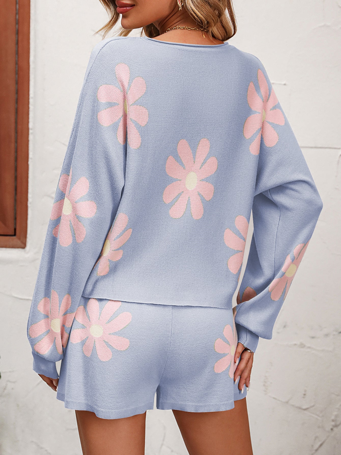 Floral Print Raglan Sleeve Knit Top and Tie Front Sweater Shorts Set  Outfit Sets- Doll Fits