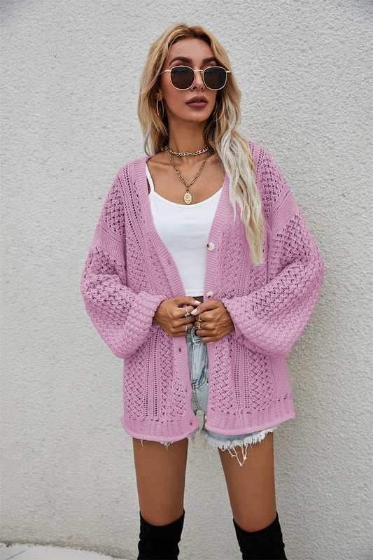 Openwork V-Neck Dropped Shoulder Cardigan  Coats & Jackets- Doll Fits