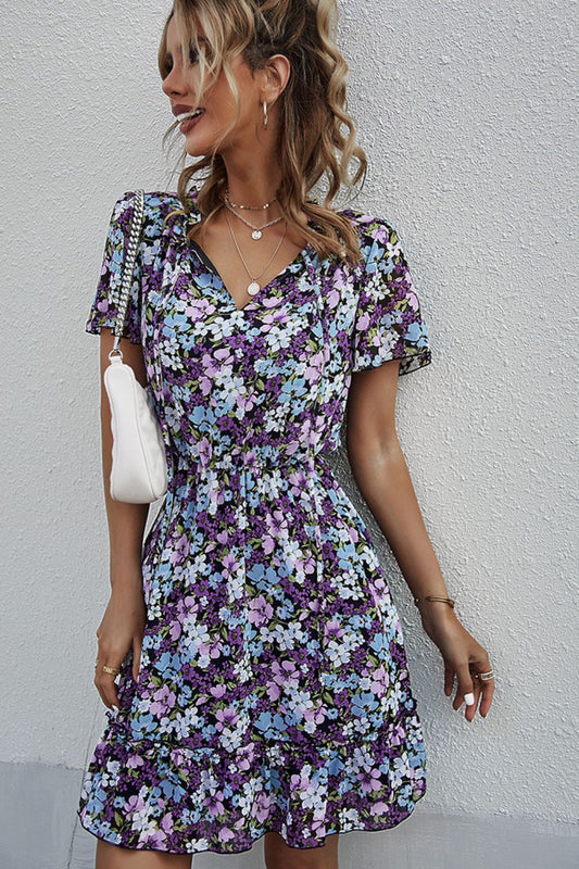 Floral Tie-Neck Flutter Sleeve Mini Dress  Dresses- Doll Fits
