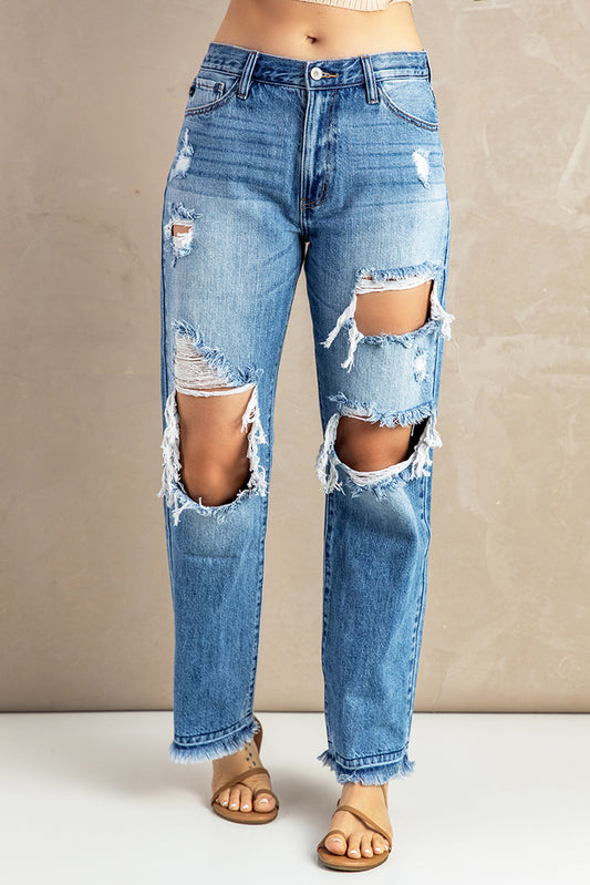 Frayed Hem Distressed Jeans with Pockets  Pants- Doll Fits