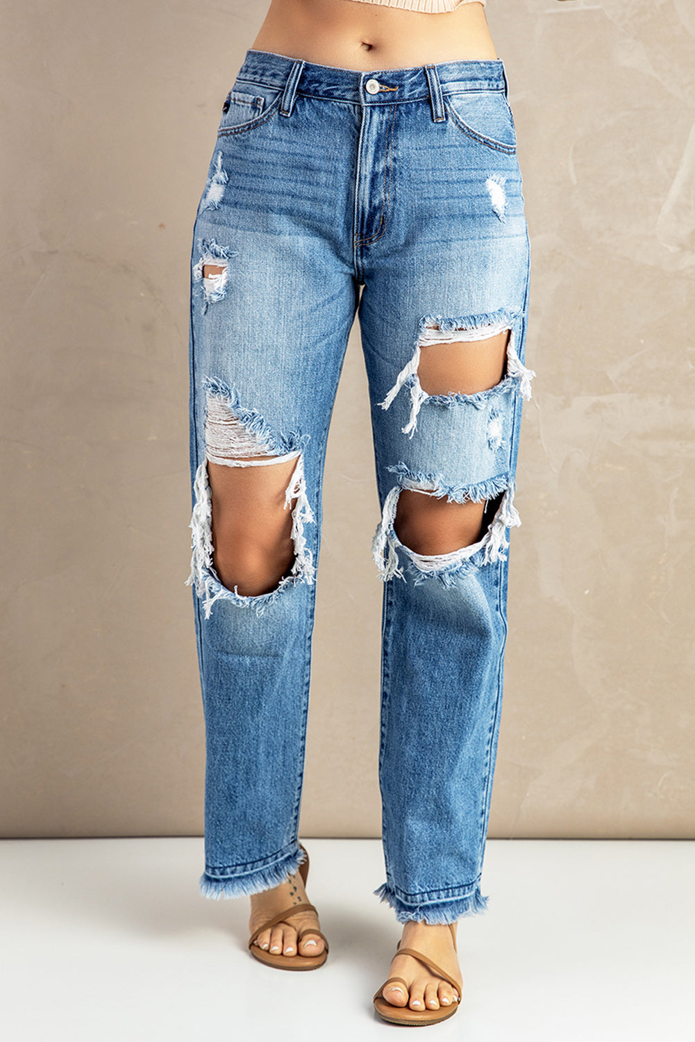 Frayed Hem Distressed Jeans with Pockets  Pants- Doll Fits