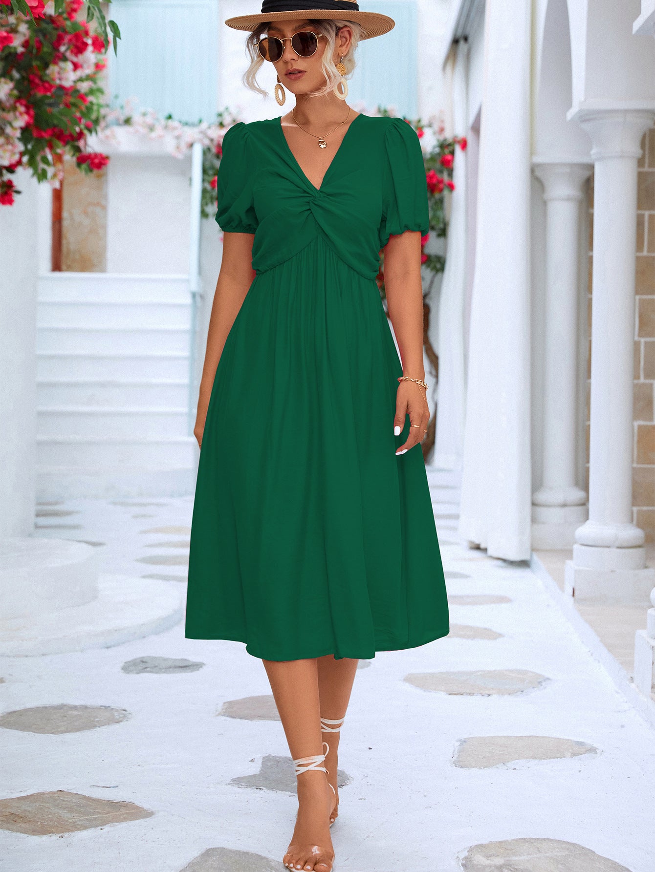 Twisted Short Puff Sleeve V-Neck Dress  Dresses- Doll Fits