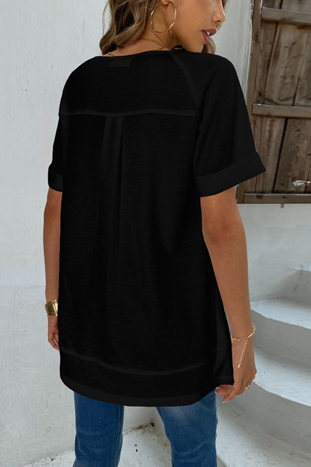 Cuffed Sleeve Henley Top  Shirts & Tops- Doll Fits