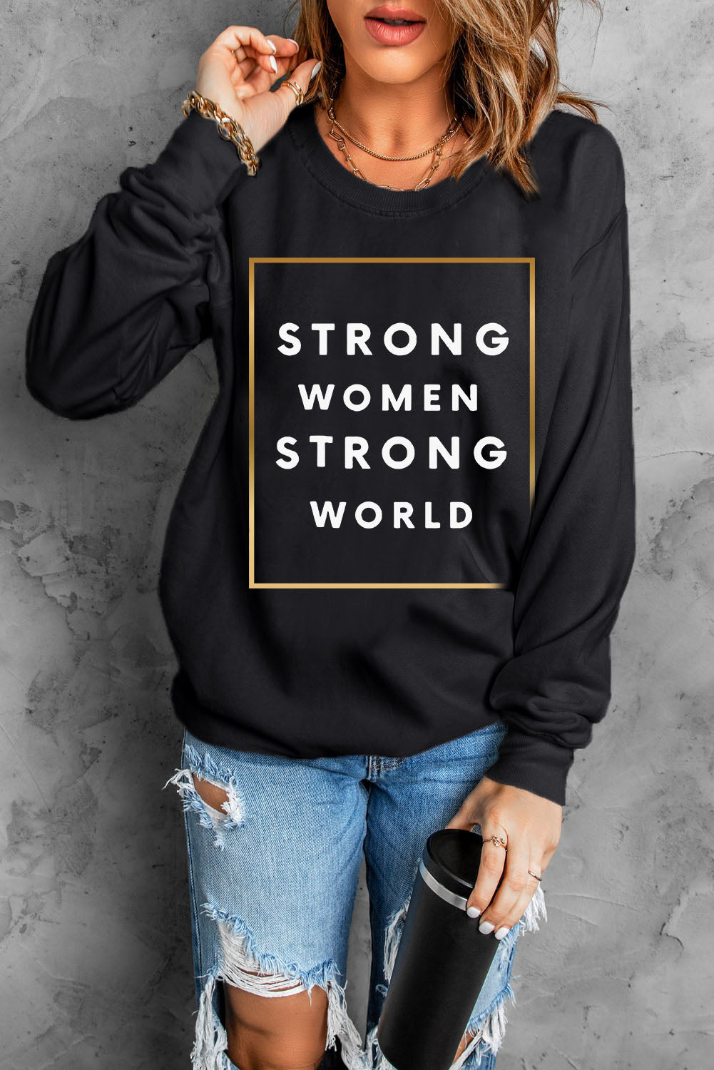 STRONG WOMEN STRONG WORLD Graphic Drop Shoulder Sweatshirt  Shirts & Tops- Doll Fits