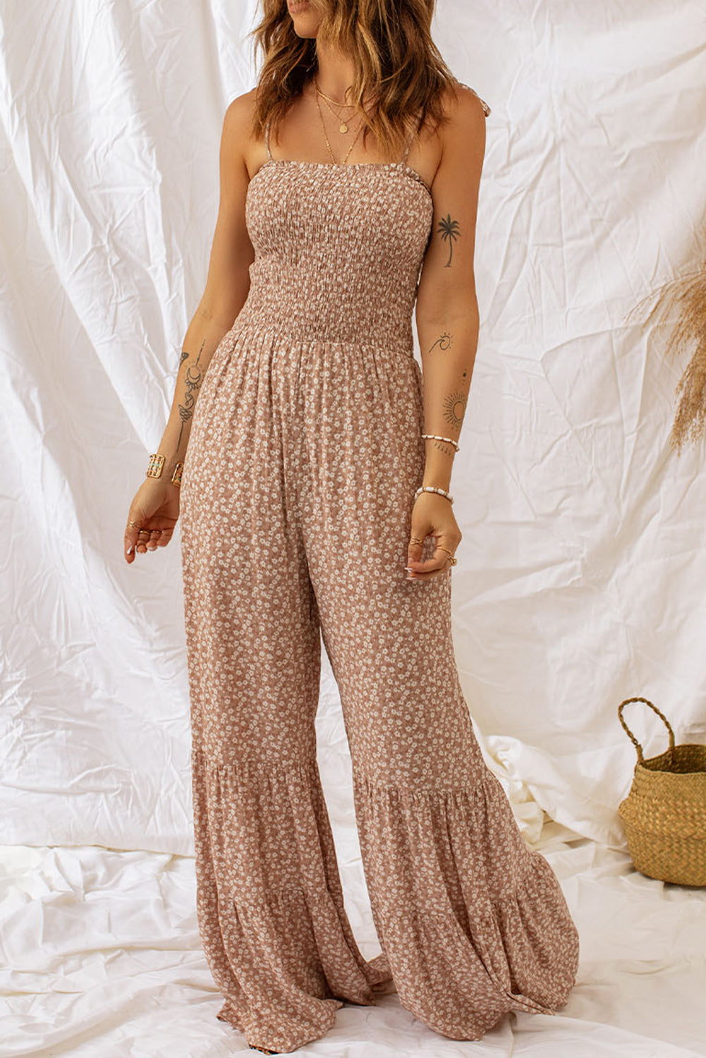 Floral Spaghetti Strap Smocked Wide Leg Jumpsuit  Jumpsuits & Rompers- Doll Fits