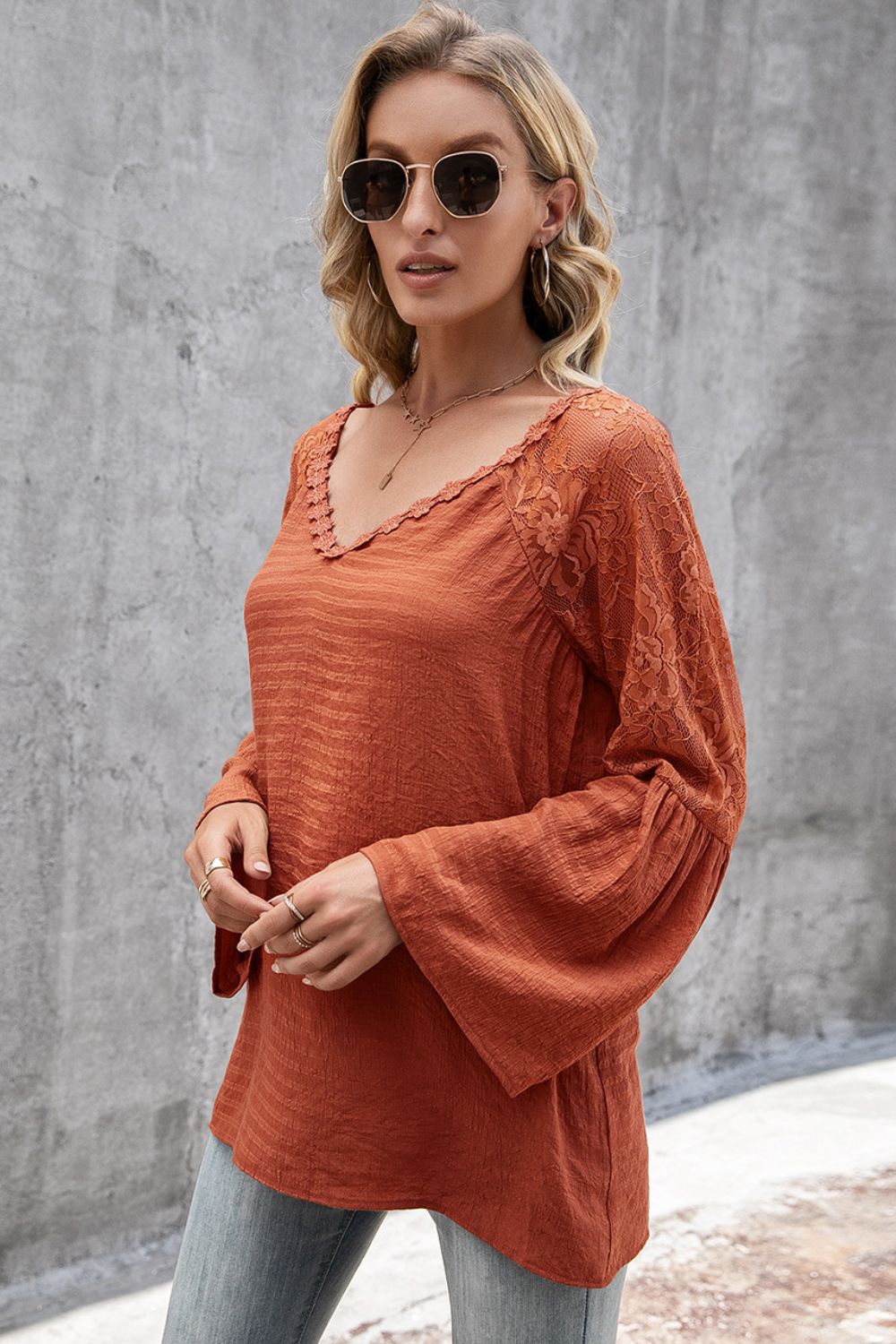 V-Neck Spliced Lace Flare Sleeve Top  Shirts & Tops- Doll Fits