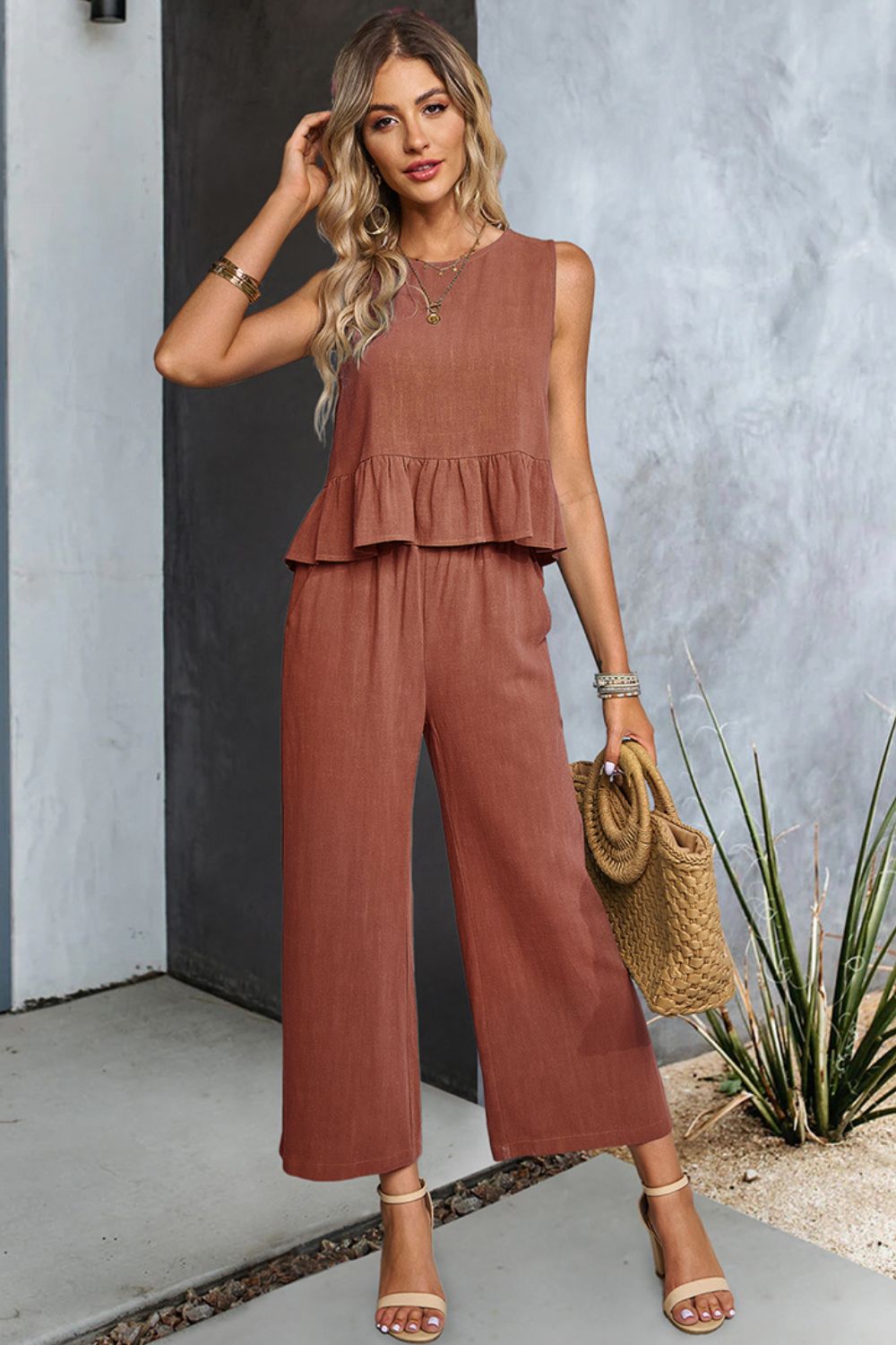 Decorative Button Ruffle Hem Tank and Pants Set  Outfit Sets- Doll Fits