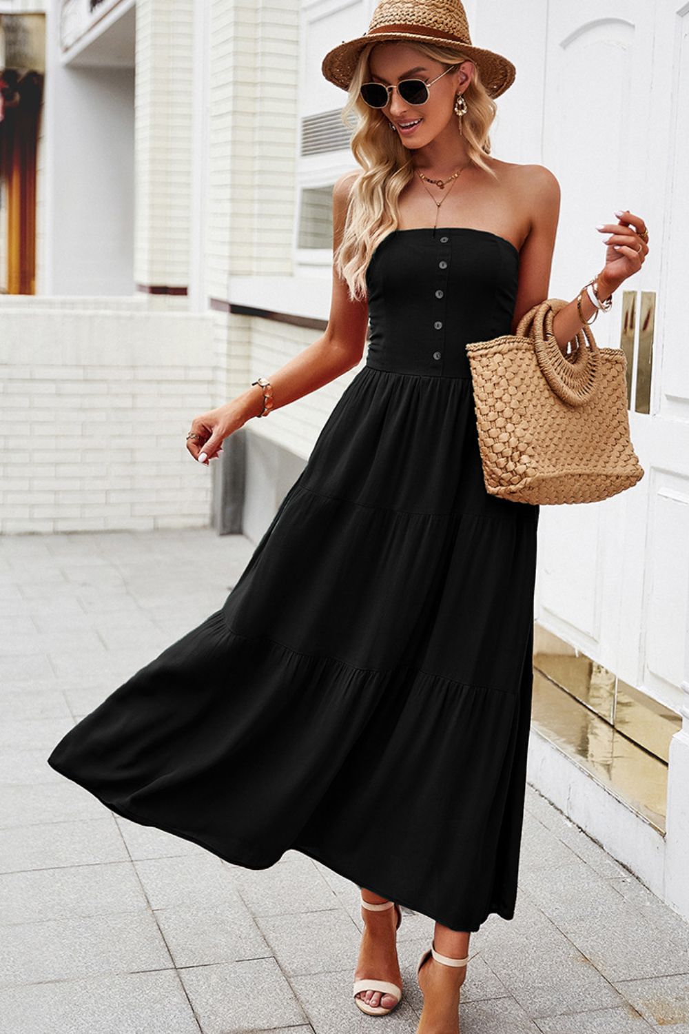 Strapless Buttoned Tiered Dress with Pockets  Dresses- Doll Fits