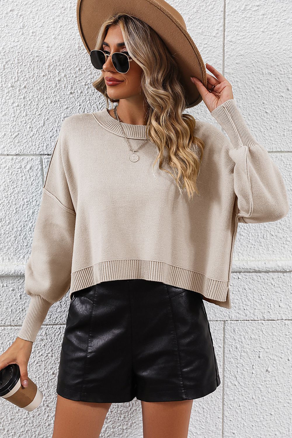 Round Neck Dropped Shoulder Pullover Sweater  - Doll Fits