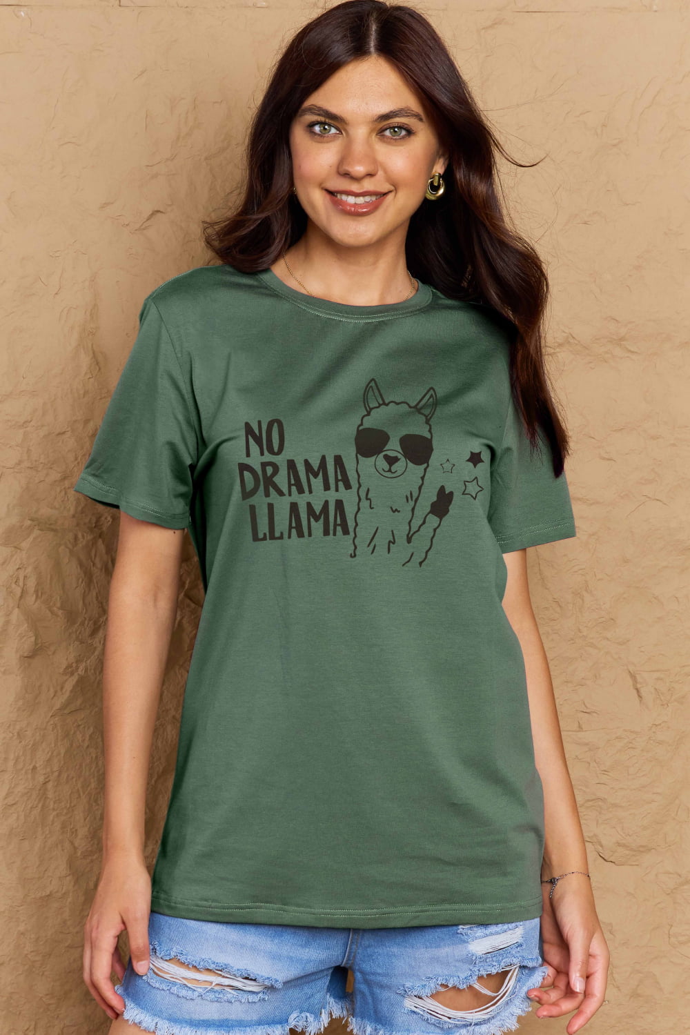 Simply Love Full Size NO DRAMA LLAMA Graphic Cotton Tee  - Doll Fits