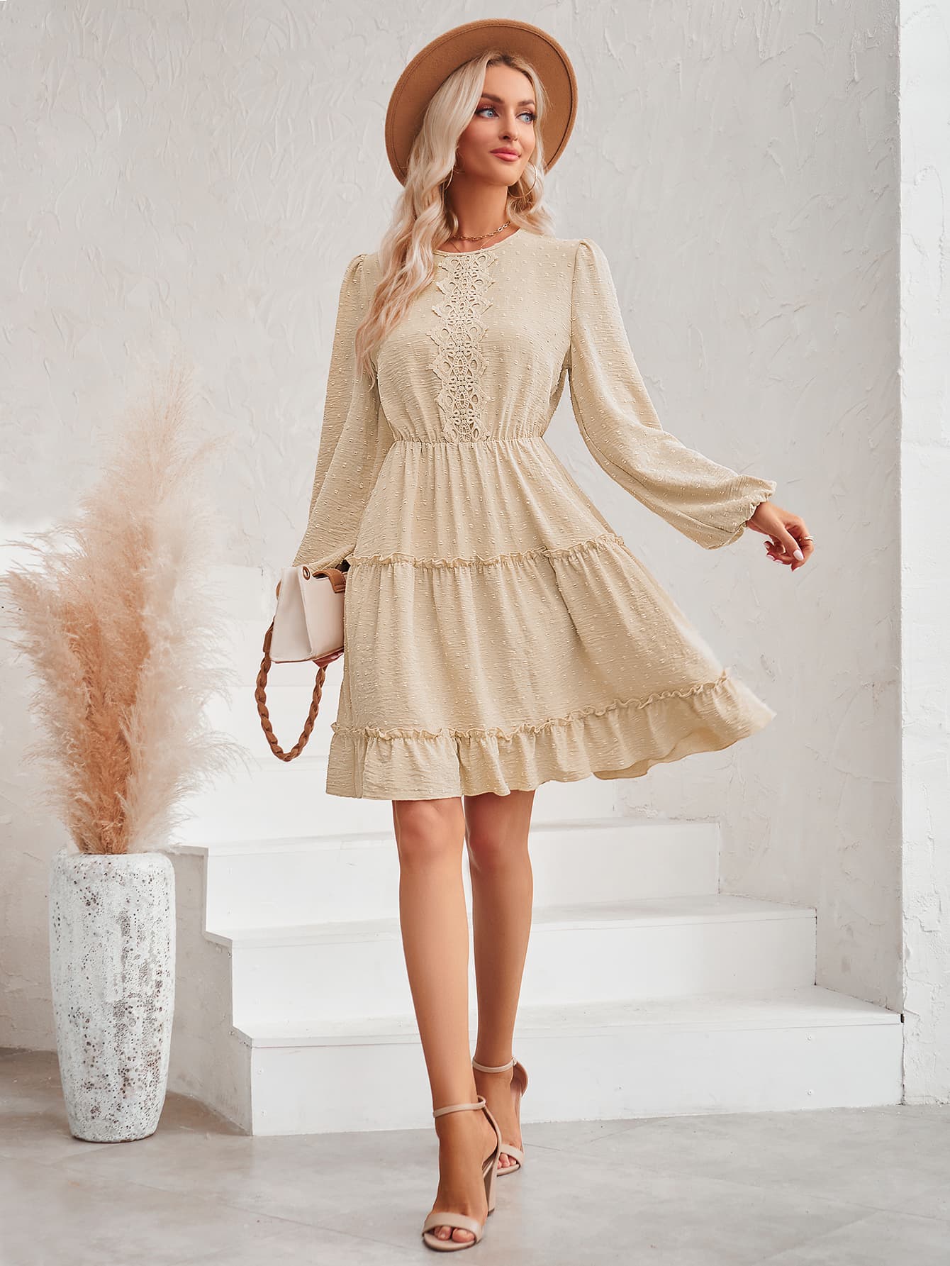 Swiss Dot Lace Trim Balloon Sleeve Dress  Dresses- Doll Fits