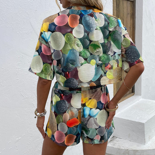 Printed Round Neck Dropped Shoulder Half Sleeve Top and Shorts Set  Outfit Sets- Doll Fits