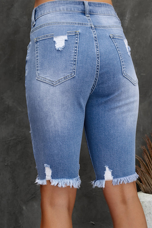 Distressed Frayed Hem Denim Bermuda Shorts  - Doll Fits