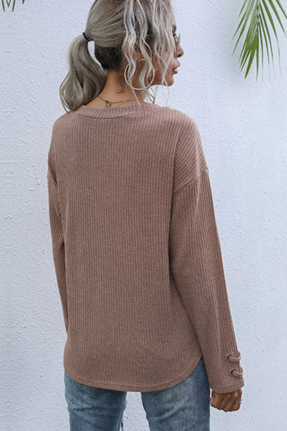 Lace-Up V-Neck Ribbed Top  Shirts & Tops- Doll Fits