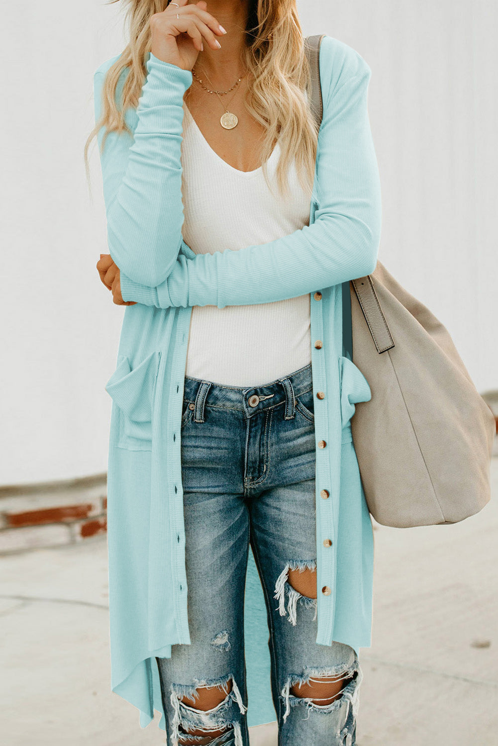 V-Neck Long Sleeve Cardigan with Pocket  - Doll Fits