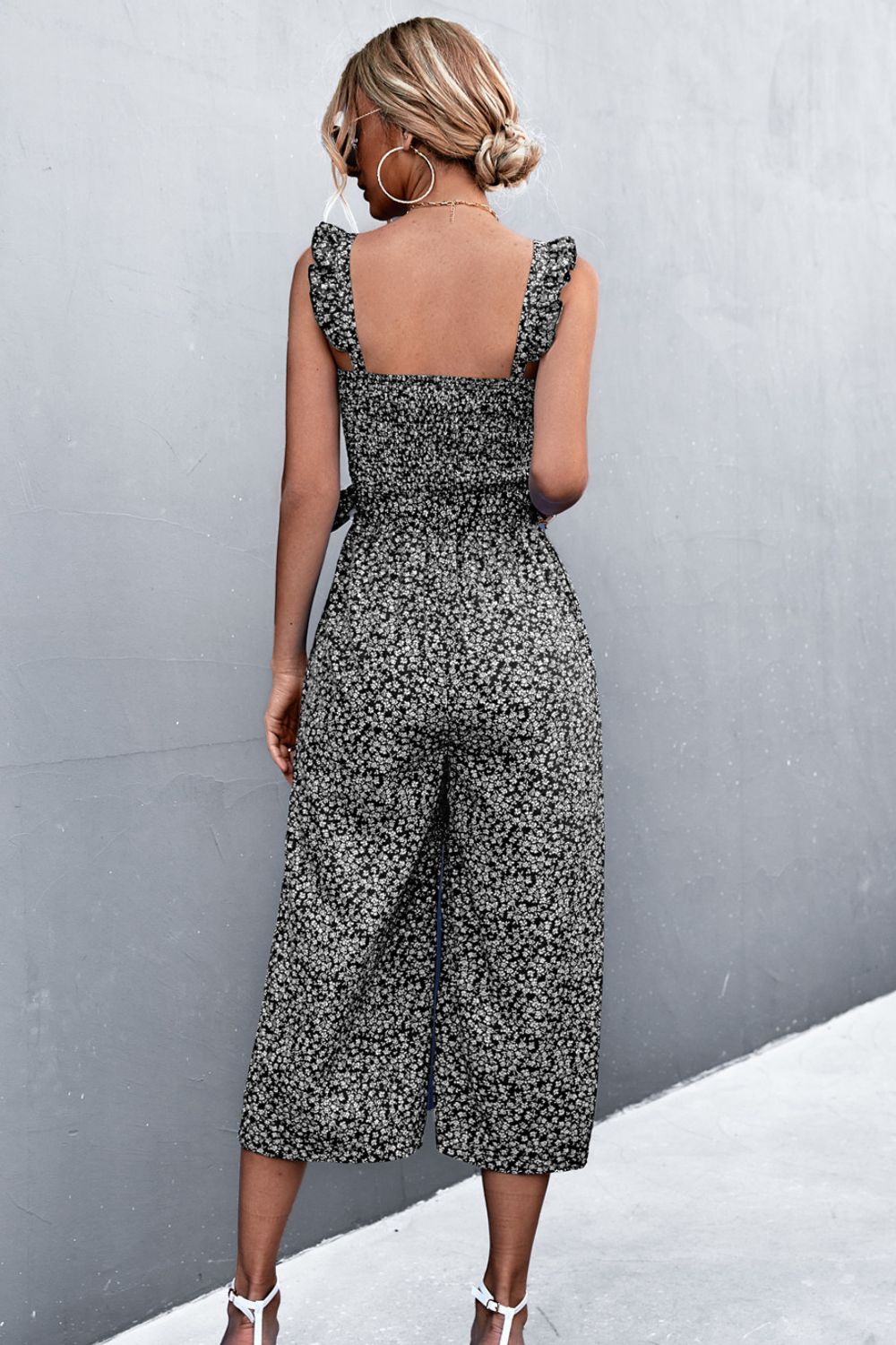 Printed Ruffle Strap Smocked Belted Jumpsuit  Jumpsuits & Rompers- Doll Fits