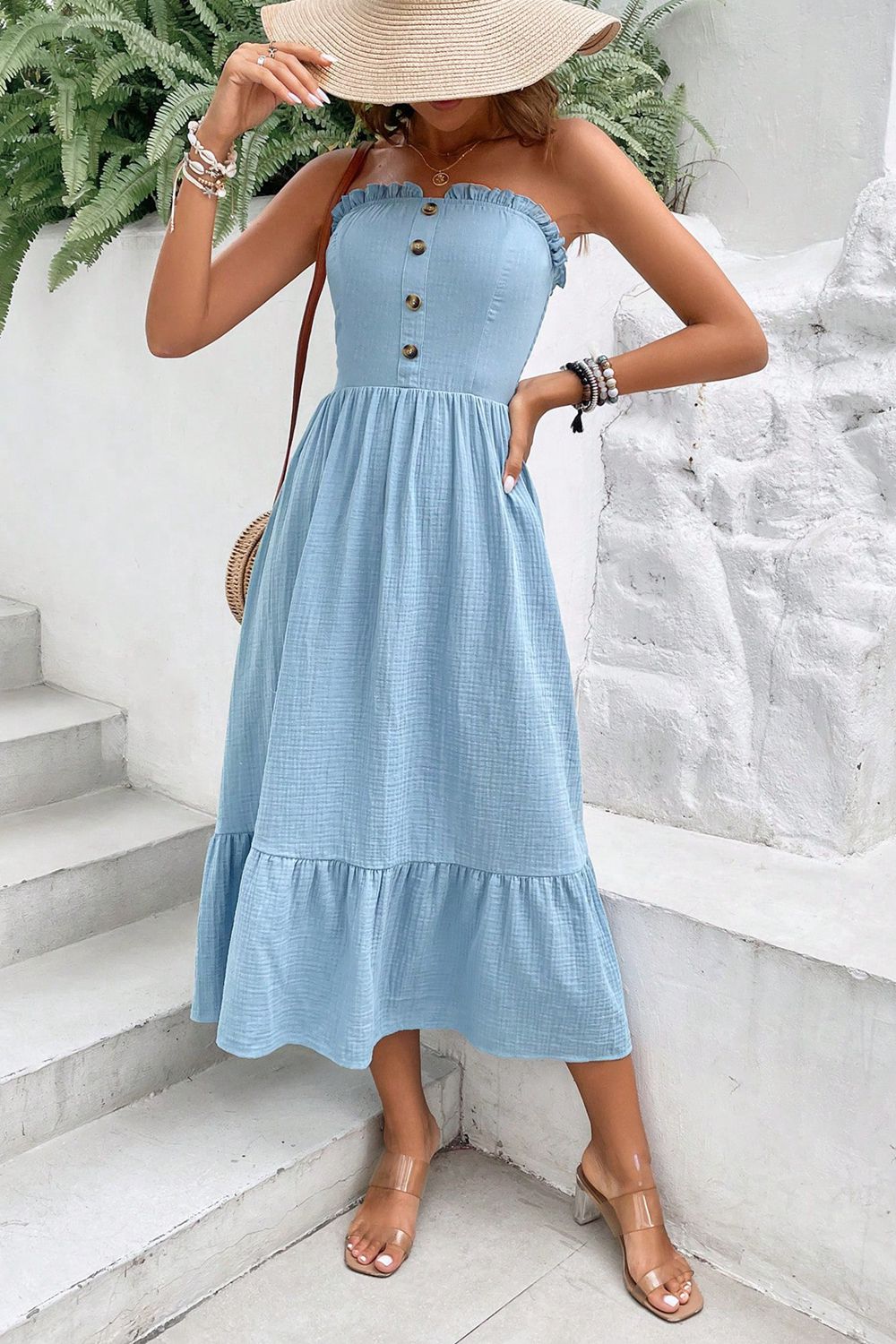 Sweetheart Neck Buttoned Sleeveless Midi Dress  Dresses- Doll Fits