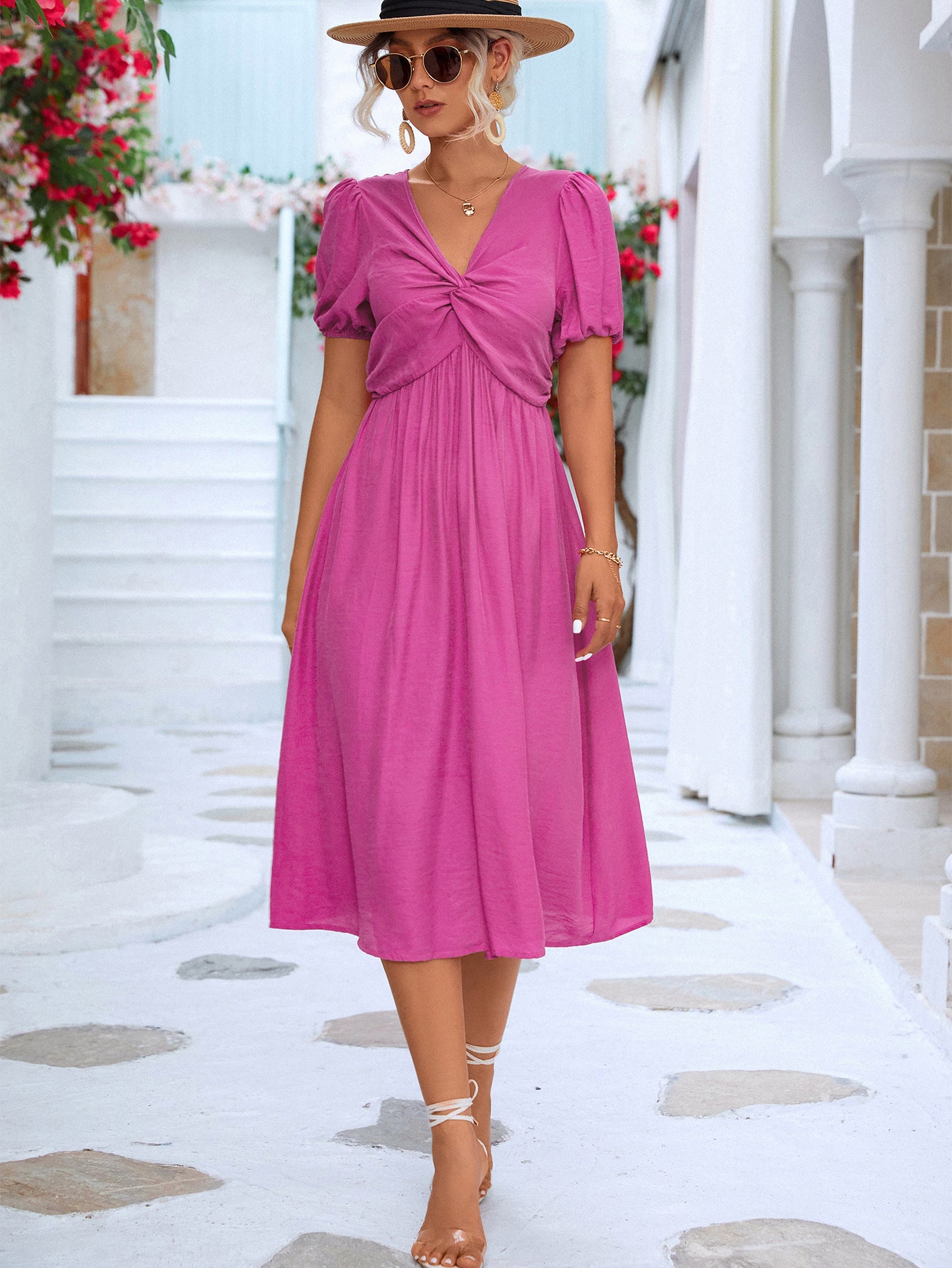 Twisted Short Puff Sleeve V-Neck Dress  Dresses- Doll Fits