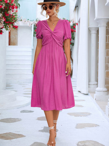 Twisted Short Puff Sleeve V-Neck Dress  Dresses- Doll Fits