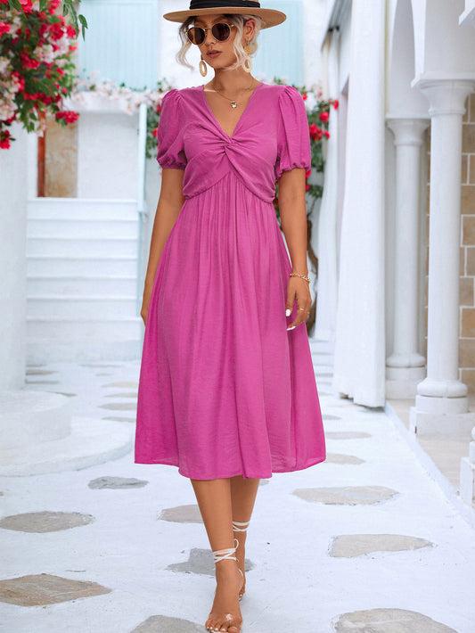 Twisted Short Puff Sleeve V-Neck Dress  Dresses- Doll Fits