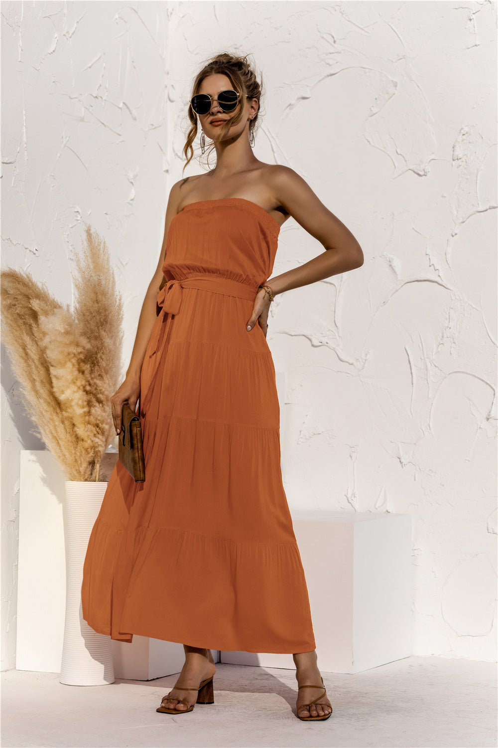 Strapless Tie Waist Tiered Maxi Dress  Dresses- Doll Fits