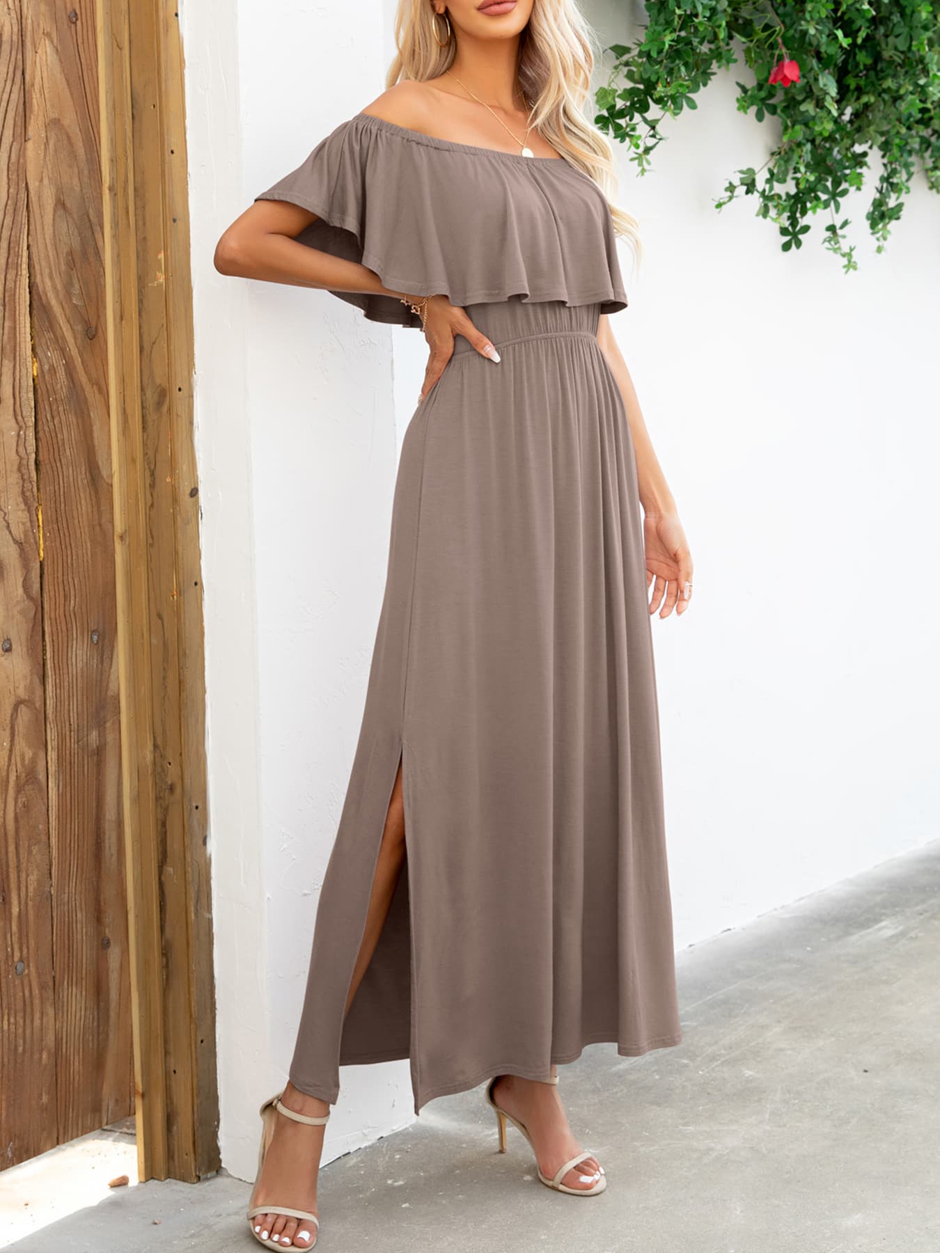 Off-Shoulder Slit Maxi Dress  Dresses- Doll Fits