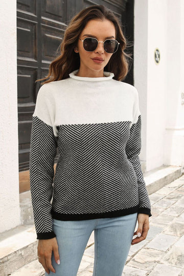 Two-Tone Mock Neck Dropped Shoulder Pullover Sweater  - Doll Fits