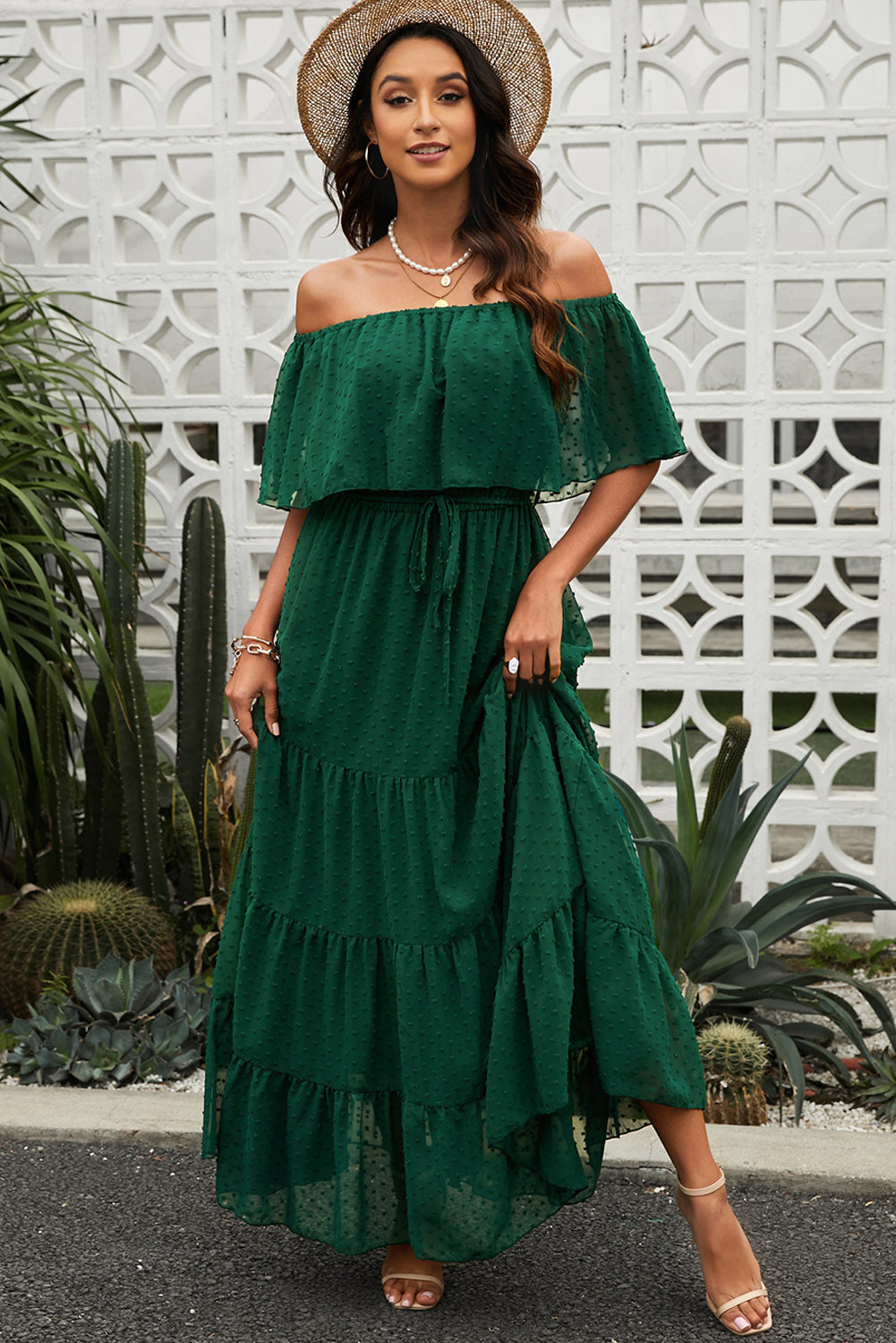 Swiss Dot Off-Shoulder Tiered Maxi Dress  Dresses- Doll Fits