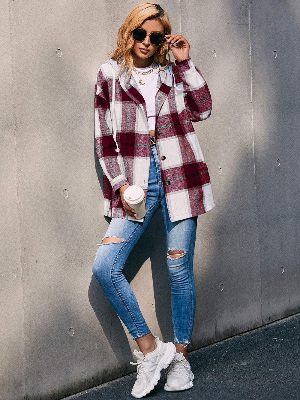 Plaid Dropped Shoulder Hooded Jacket  - Doll Fits