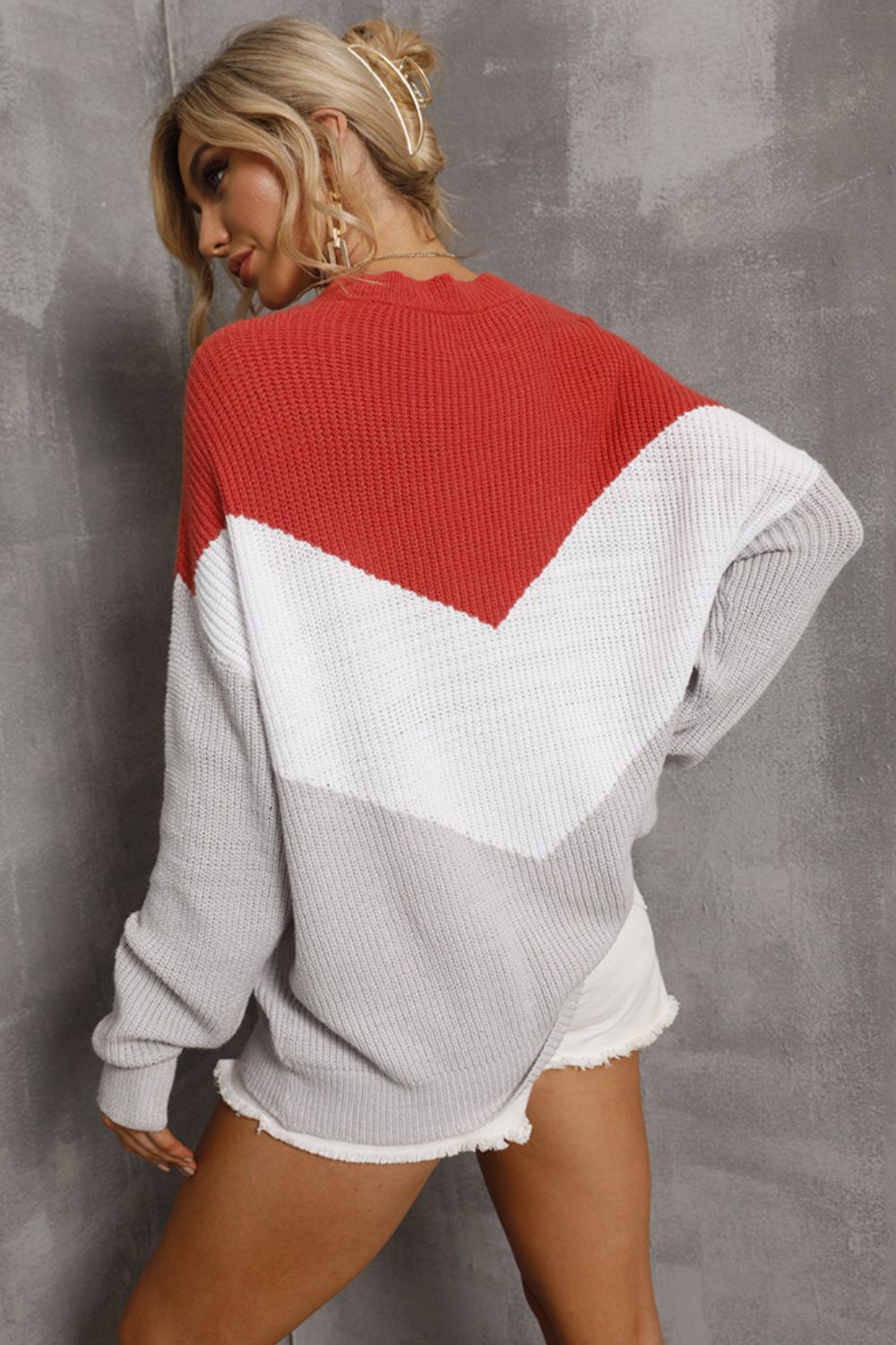 Color Block Round Neck Rib-Knit Sweater  Shirts & Tops- Doll Fits