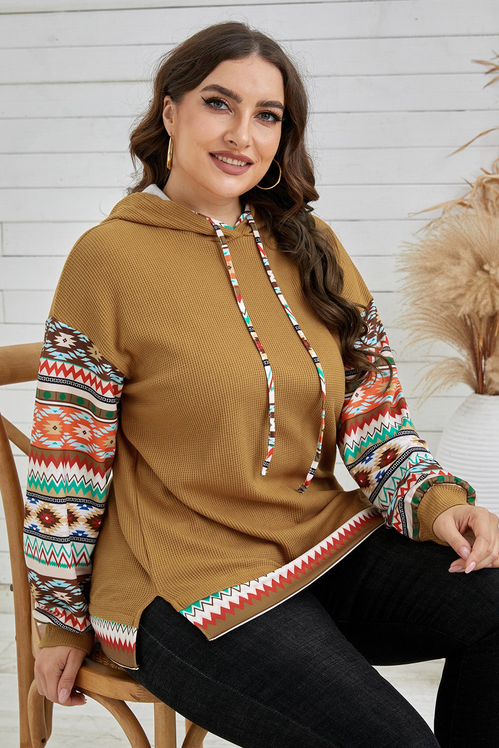 Plus Size Printed Side Slit Waffle-Knit Hoodie  Shirts & Tops- Doll Fits