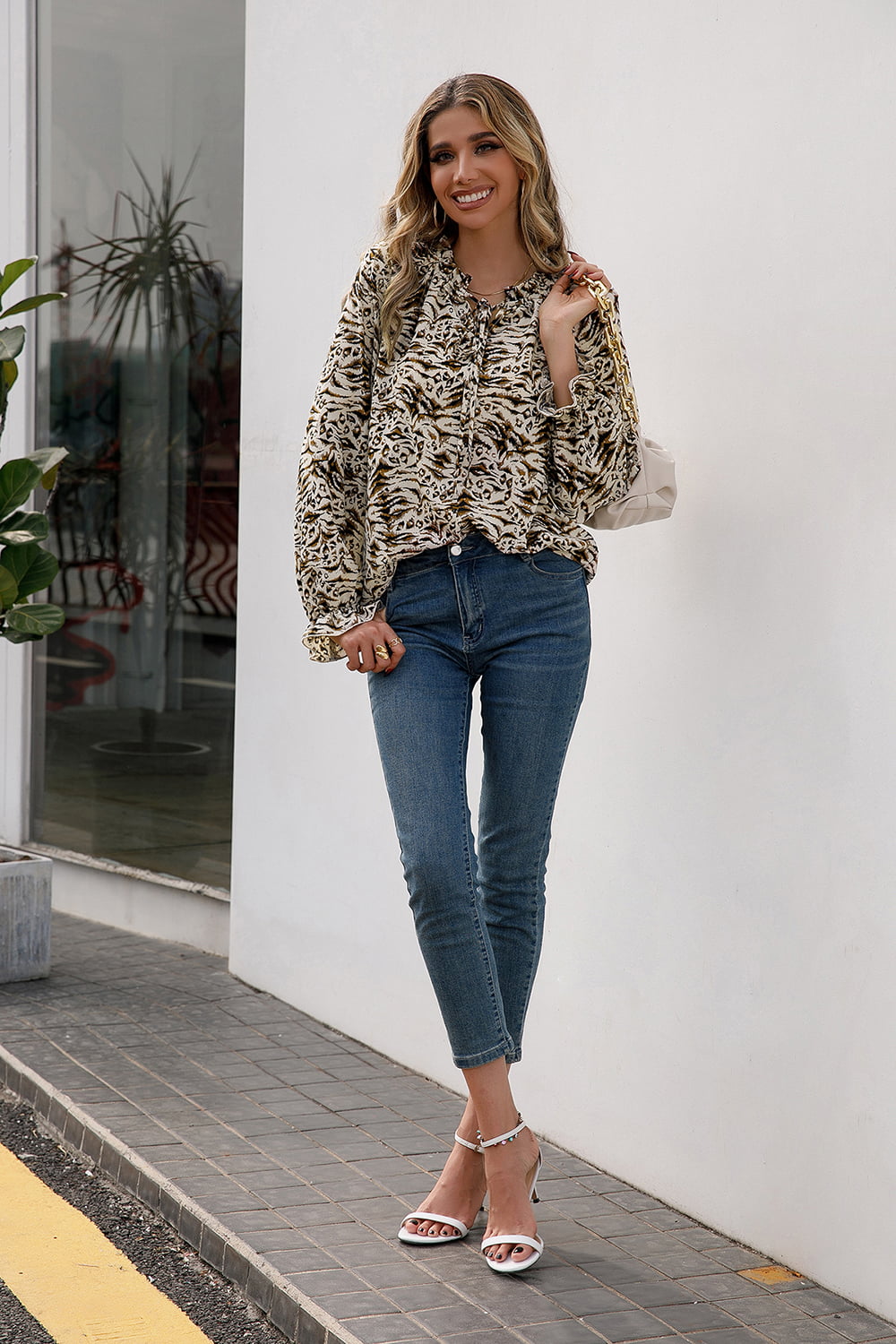 Printed Tie Neck Frill Trim Flounce Sleeve Blouse  Shirts & Tops- Doll Fits