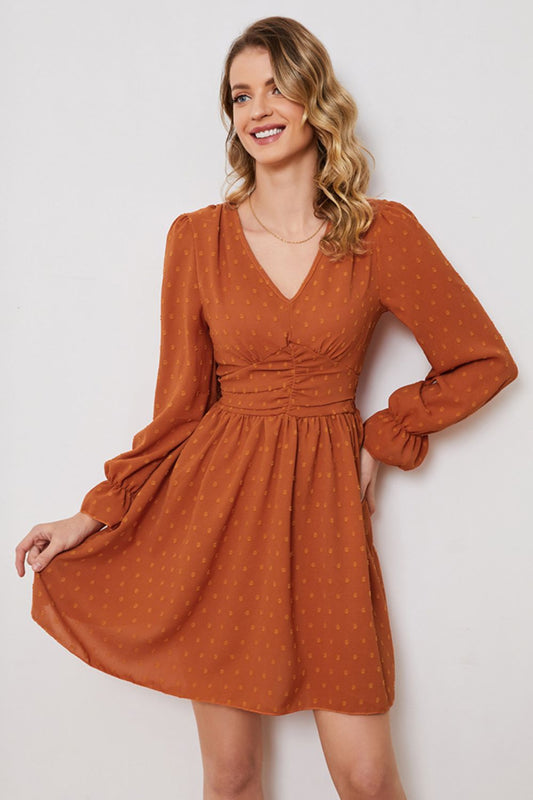 Swiss Dot Ruched V-Neck Flounce Sleeve Dress  Dresses- Doll Fits
