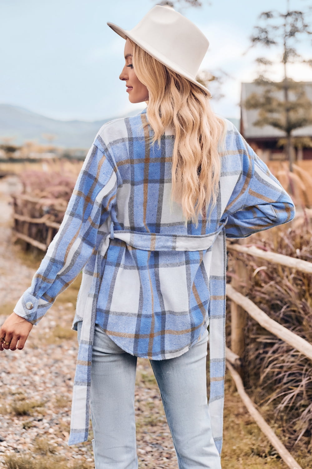 Plaid Collared Neck Bow Front Long Sleeve Jacket  - Doll Fits