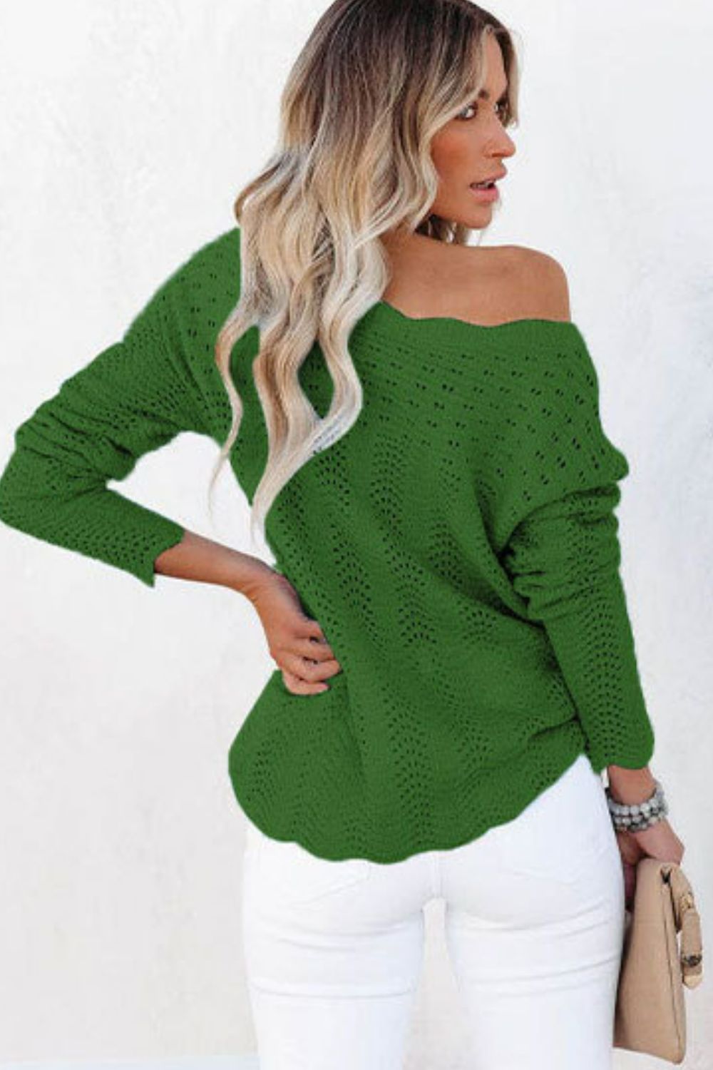 Scalloped Boat Neck Openwork Tunic Sweater  Shirts & Tops- Doll Fits