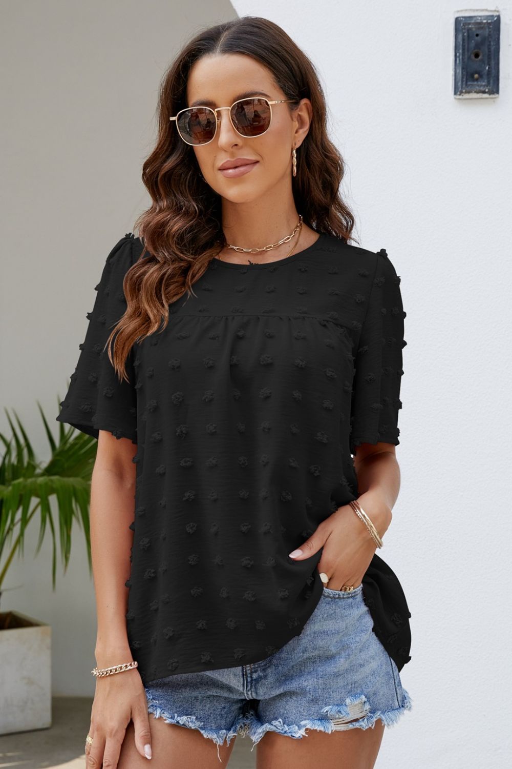 Swiss Dot Puff Sleeve Round Neck Blouse  Shirts & Tops- Doll Fits