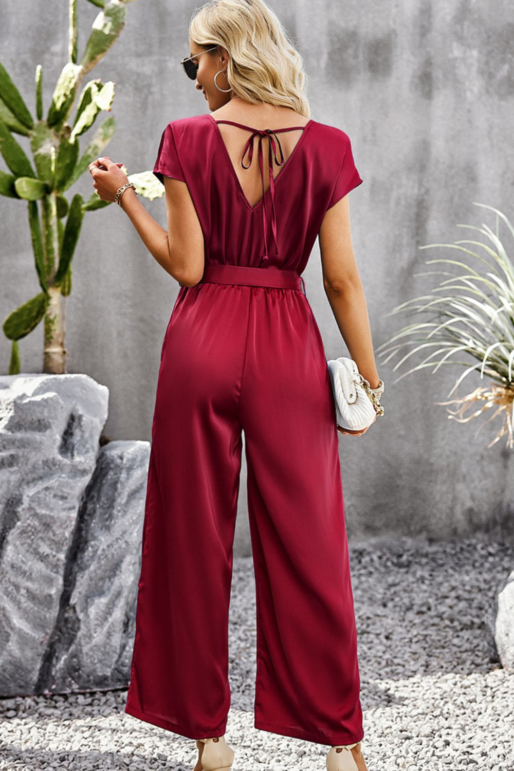 Tie Belt V-Neck Short Sleeve Jumpsuit  Jumpsuits & Rompers- Doll Fits